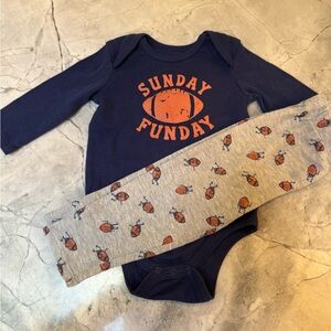 Baby 2 piece set! size 18M navy onesie and grey pants with footballs